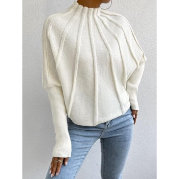 Labolliy Women Mock Neck Batwing Long Sleeve Sweaters 2023 Fall Casual Solid Knit Pullover Jumper Tops Beige