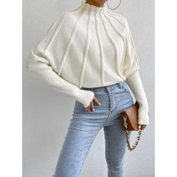 Labolliy Women Mock Neck Batwing Long Sleeve Sweaters 2023 Fall Casual Solid Knit Pullover Jumper Tops Beige
