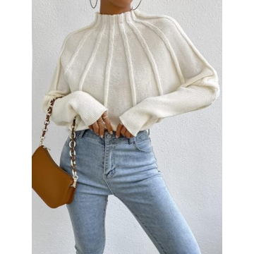 Labolliy Women Mock Neck Batwing Long Sleeve Sweaters 2023 Fall Casual Solid Knit Pullover Jumper Tops Beige