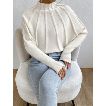 Labolliy Women Mock Neck Batwing Long Sleeve Sweaters 2023 Fall Casual Solid Knit Pullover Jumper Tops Beige