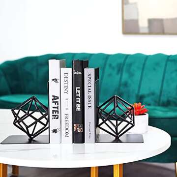 Bookends Decorative Book End Black Metal Heavy Duty Art Bookend Unique Geometric Book Ends Book Stopper to Hold Books Modern Holder Bookshelf Decor, Home, Office or Kitchen Shelves Reader Love Gift