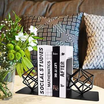 Bookends Decorative Book End Black Metal Heavy Duty Art Bookend Unique Geometric Book Ends Book Stopper to Hold Books Modern Holder Bookshelf Decor, Home, Office or Kitchen Shelves Reader Love Gift