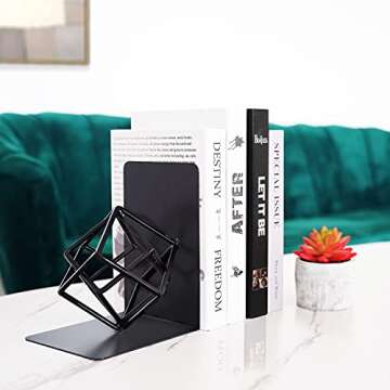 Bookends Decorative Book End Black Metal Heavy Duty Art Bookend Unique Geometric Book Ends Book Stopper to Hold Books Modern Holder Bookshelf Decor, Home, Office or Kitchen Shelves Reader Love Gift