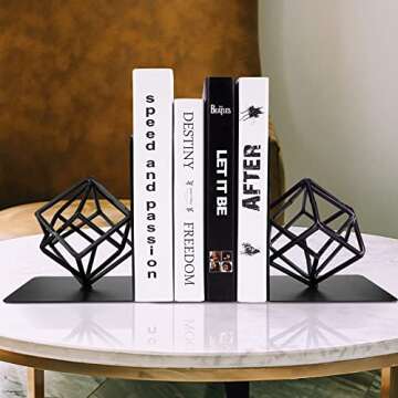 Bookends Decorative Book End Black Metal Heavy Duty Art Bookend Unique Geometric Book Ends Book Stopper to Hold Books Modern Holder Bookshelf Decor, Home, Office or Kitchen Shelves Reader Love Gift