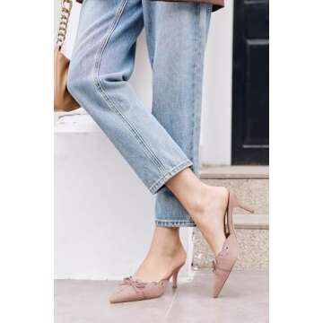 Coutgo Women's Bow Tie Mule Heels Pointed Toe Studded Backless Stilettos Slip On Dress Pump Shoes，Pink, Size 7.5