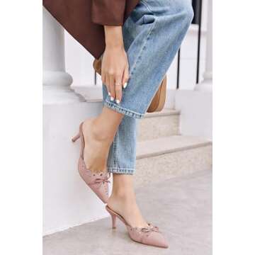 Coutgo Women's Bow Tie Mule Heels Pointed Toe Studded Backless Stilettos Slip On Dress Pump Shoes，Pink, Size 7.5