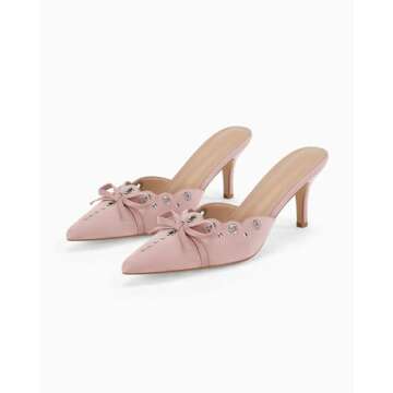 Coutgo Women's Bow Tie Mule Heels Pointed Toe Studded Backless Stilettos Slip On Dress Pump Shoes，Pink, Size 7.5