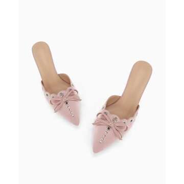 Coutgo Women's Bow Tie Mule Heels Pointed Toe Studded Backless Stilettos Slip On Dress Pump Shoes，Pink, Size 7.5