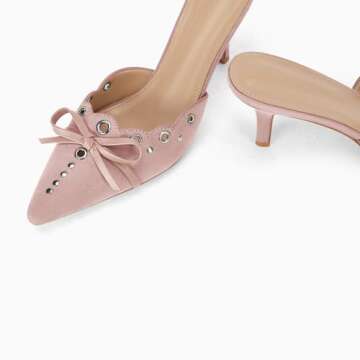 Coutgo Women's Bow Tie Mule Heels Pointed Toe Studded Backless Stilettos Slip On Dress Pump Shoes，Pink, Size 7.5