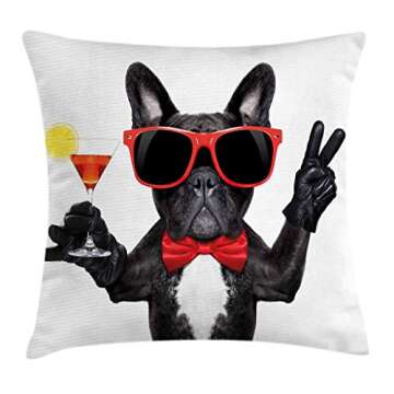 Ambesonne Funny Throw Pillow Cushion Cover, French Bulldog Holding Martini Cocktail Ready for The Pa...