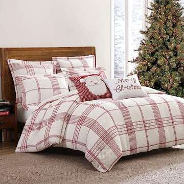 Levtex Home - Peppermint Plaid Christmas Duvet Cover Set - Twin Holiday Duvet Cover 68x88 and Two Standard Pillow Cases 20x26 - Red, Cream - Waffle Plaid - Cotton