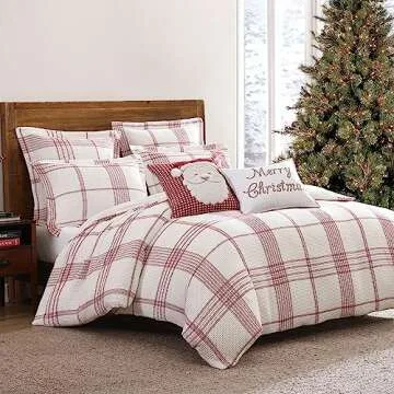 Levtex Home - Peppermint Plaid Christmas Duvet Cover Set - Twin Holiday Duvet Cover 68x88 and Two Standard Pillow Cases 20x26 - Red, Cream - Waffle Plaid - Cotton