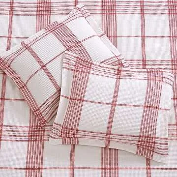 Levtex Home - Peppermint Plaid Christmas Duvet Cover Set - Twin Holiday Duvet Cover 68x88 and Two Standard Pillow Cases 20x26 - Red, Cream - Waffle Plaid - Cotton
