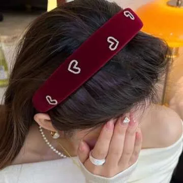 AIUPUOC Valentine's Day Headbands for Women Heart Rhinestone Wine Red Velvet Headbands Red Hair Bands Hair Accessories with Heart Charm Wide and Thick Hair Hoops
