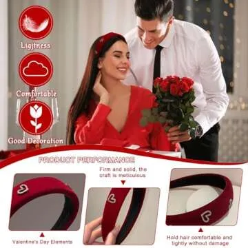 AIUPUOC Valentine's Day Headbands for Women Heart Rhinestone Wine Red Velvet Headbands Red Hair Bands Hair Accessories with Heart Charm Wide and Thick Hair Hoops
