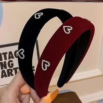 AIUPUOC Valentine's Day Headbands for Women Heart Rhinestone Wine Red Velvet Headbands Red Hair Bands Hair Accessories with Heart Charm Wide and Thick Hair Hoops