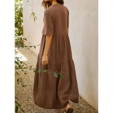 R.Vivimos Womens Summer Cotton Flowy Maxi Dress Short Sleeve V Neck Empire Waist Boho Tiered Ruffle Casual Loose Long Dresses (Large, Brown)