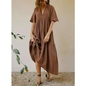 R.Vivimos Womens Summer Cotton Flowy Maxi Dress Short Sleeve V Neck Empire Waist Boho Tiered Ruffle Casual Loose Long Dresses (Large, Brown)