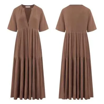 R.Vivimos Womens Summer Cotton Flowy Maxi Dress Short Sleeve V Neck Empire Waist Boho Tiered Ruffle Casual Loose Long Dresses (Large, Brown)
