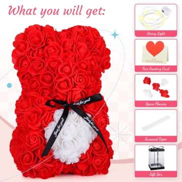 Rose Bear with Box -Artificial Flowers Rose Teddy Bear- The Rose Bear-Valentine's Day Gifts for Her-Gifts for Mom, Wife or Kids-Birthday Gifts& Wedding Decorations-Red