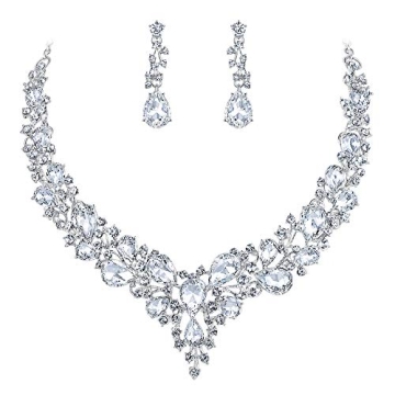 BriLove Wedding Bridal Necklace Earrings Jewelry Set for Women Austrian Crystal Teardrop Cluster Sta...