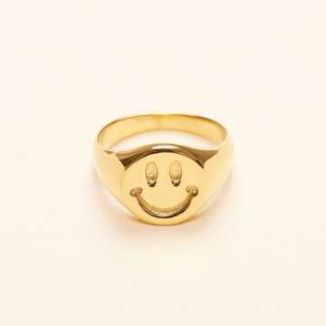 Durable 18K Gold Plated Titanium Smiley Signet Ring