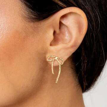 Moodear Gold Bow Earrings Ribbon BowStud Earrings for Women Trendy 14K Gold Plated - Cute Long Thin ...