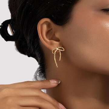 Moodear Gold Bow Earrings Ribbon BowStud Earrings for Women Trendy 14K Gold Plated - Cute Long Thin Big Bowknot Statement Earrings Dainty Jewelry Gifts for Women