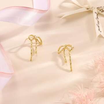 Moodear Gold Bow Earrings Ribbon BowStud Earrings for Women Trendy 14K Gold Plated - Cute Long Thin Big Bowknot Statement Earrings Dainty Jewelry Gifts for Women