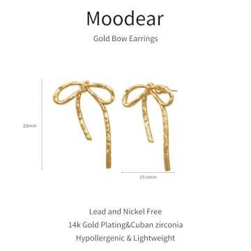 Moodear Gold Bow Earrings Ribbon BowStud Earrings for Women Trendy 14K Gold Plated - Cute Long Thin Big Bowknot Statement Earrings Dainty Jewelry Gifts for Women