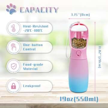 MITOCAPY Dog Water Bottle with Dog Food Container, 19Oz Large Capacity Portable Dog Water Bowl Dispenser, Food Grade New Puppy Essentials & Chihuahua Dog Accessories for Hiking Walking Traveling