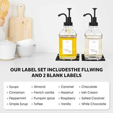 ADTC Coffee Syrup Dispenser,Vanilla syrup for coffee,Glass Syrup Bottle with Pump,Syrup Bottle for Coffee,Glass Coffee Syrup Dispenser,Syrup Pump,22 Labels,16.9 oz,2 sets