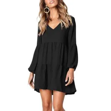 Amoretu Women's Cute V-Neck Lantern Sleeve Loose Tunic Dress Knee Length, Spring, Summer, 2025 (Black, M)