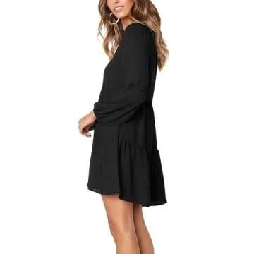 Amoretu Women's Cute V-Neck Lantern Sleeve Loose Tunic Dress Knee Length, Spring, Summer, 2025 (Black, M)