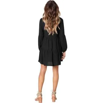 Amoretu Women's Cute V-Neck Lantern Sleeve Loose Tunic Dress Knee Length, Spring, Summer, 2025 (Black, M)
