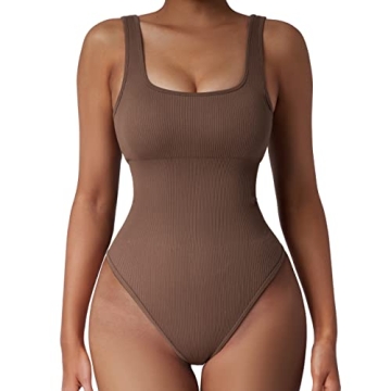 SUUKSESS Women Ribbed Seamless Sexy Bodysuit Sleeveless Square Neck Padded Tank Top (Coffee,S)