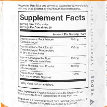 vedge Nutrition Turmeric+ | Organic Ayurvedic 3-in-1 Formula – Turmeric Root, Ashwagandha & Rhodiola Rosea | Muscle Recover & Joint Health | 30 Servings