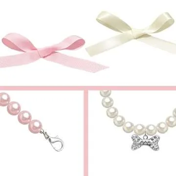 Casidoxi 2 Pcs Dog Cat Pearl Collar Necklace with Rhinestone Bone, Fancy Cat Wedding Collar Jewelry for Girl Cat Puppy Dogs Accessories(Pink+White)