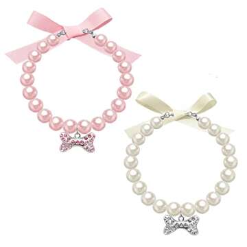 Casidoxi 2 Pcs Dog Cat Pearl Collar Necklace with Rhinestone Bone, Fancy Cat Wedding Collar Jewelry for Girl Cat Puppy Dogs Accessories(Pink+White)