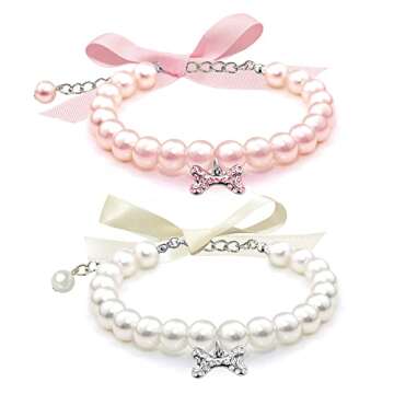 Casidoxi 2 Pcs Dog Cat Pearl Collar Necklace with Rhinestone Bone, Fancy Cat Wedding Collar Jewelry for Girl Cat Puppy Dogs Accessories(Pink+White)