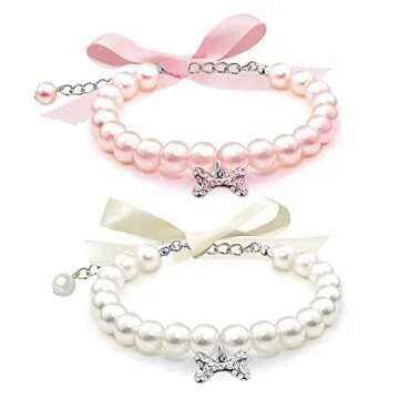 Casidoxi 2 Pcs Dog Cat Pearl Collar Necklace with Rhinestone Bone, Fancy Cat Wedding Collar Jewelry for Girl Cat Puppy Dogs Accessories(Pink+White)
