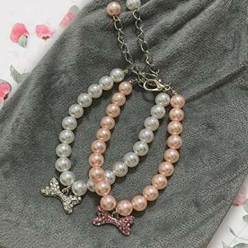 Casidoxi 2 Pcs Dog Cat Pearl Collar Necklace with Rhinestone Bone, Fancy Cat Wedding Collar Jewelry for Girl Cat Puppy Dogs Accessories(Pink+White)