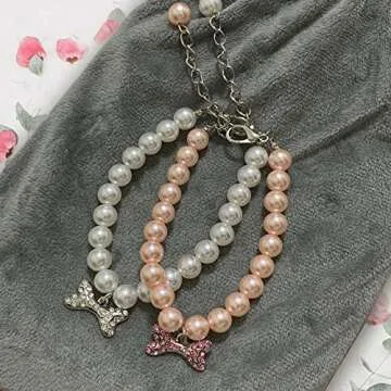 Casidoxi 2 Pcs Dog Cat Pearl Collar Necklace with Rhinestone Bone, Fancy Cat Wedding Collar Jewelry for Girl Cat Puppy Dogs Accessories(Pink+White)