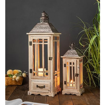 TIMRIS Large Rustic Wooden Metal Decorative Lantern Set of 2, Modern Farmhouse Floor Candle Lanterns...