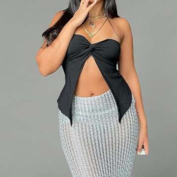 Women's Sexy Strapless Bandeau Top Casual Twist Tube Top Ruched Going Out Crop Tops Y2k Backless Shirt (Black, S)