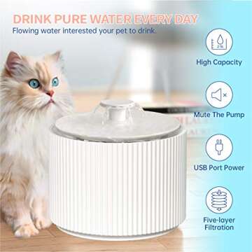 Cat Water Fountain, 2.5L Automatic Running Water Bowl 5-Layer Filtration Dog Water Dispenser for Mul...