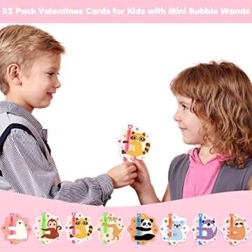 SURCVIO Valentines Day Gifts for Kids, 32 Pack Mini Bubble Wands with Valentines Animal Themes Greeting Cards for Kids, Valentine's Day School Prize Party Favor, Classroom Exchange Gift Set