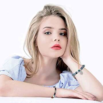 PANSHI Evil Eye Bracelets for Women Teens Chakra Crystal Beaded Bracelet Set Hamsa Amulet Protection Jewelry