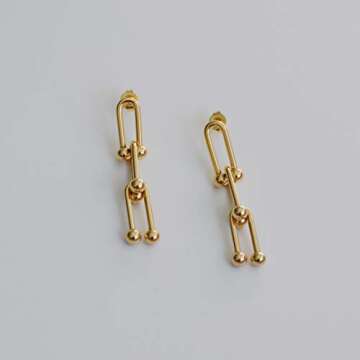Hardwear Earrings, 18K Gold Plated Chunky U Shaped Pinball Linked Drop Earrings, Art and Minimalist ...
