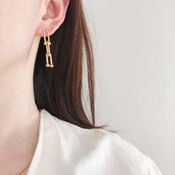 Hardwear Earrings, 18K Gold Plated Chunky U Shaped Pinball Linked Drop Earrings, Art and Minimalist Style, Chunky Bold Chain, Women Jewelry